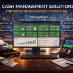 ManageKaro cash management dashboard showing cash in hand, profit tracking, expenses, and financial reports for business management