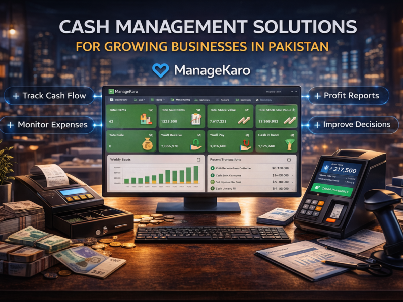 ManageKaro cash management dashboard showing cash in hand, profit tracking, expenses, and financial reports for business management