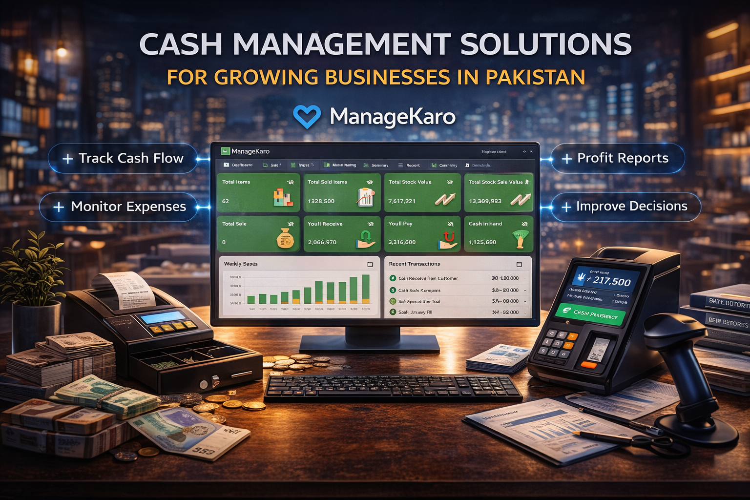 ManageKaro cash management dashboard showing cash in hand, profit tracking, expenses, and financial reports for business management