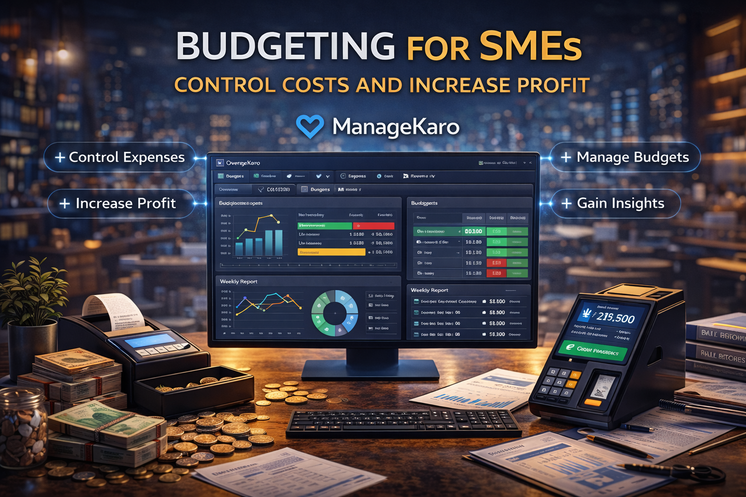 Budgeting dashboard for SMEs showing expense control, profit tracking, and financial insights using ManageKaro software