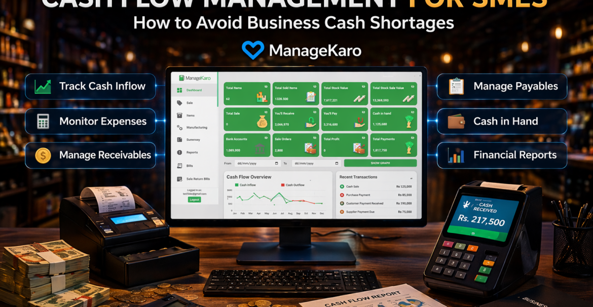 Cash flow management dashboard showing receivables, payables, expenses, and cash in hand using ManageKaro software