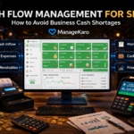 Cash flow management dashboard showing receivables, payables, expenses, and cash in hand using ManageKaro software