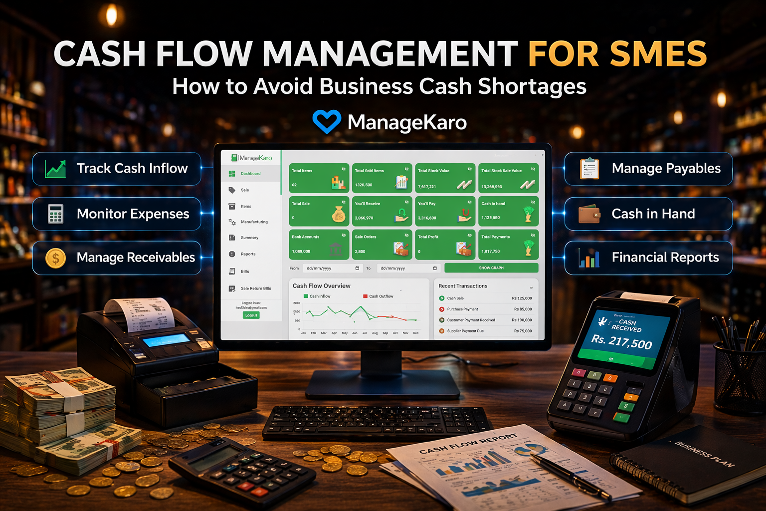 Cash flow management dashboard showing receivables, payables, expenses, and cash in hand using ManageKaro software