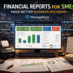 Financial reports dashboard for SMEs showing profit, expenses, and business analytics using ManageKaro software