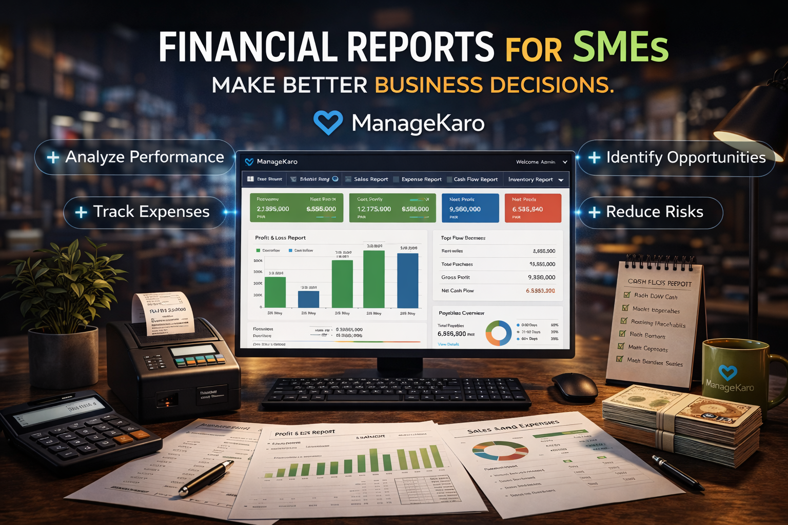 Financial reports dashboard for SMEs showing profit, expenses, and business analytics using ManageKaro software