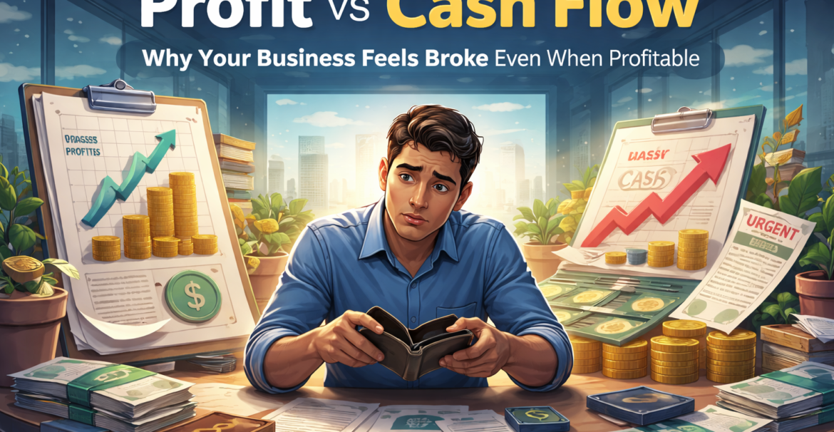 profit vs cash flow for SMEs showing stressed business owner with empty wallet despite growing profits