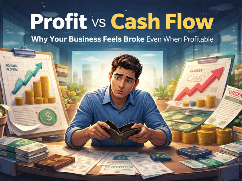 profit vs cash flow for SMEs showing stressed business owner with empty wallet despite growing profits