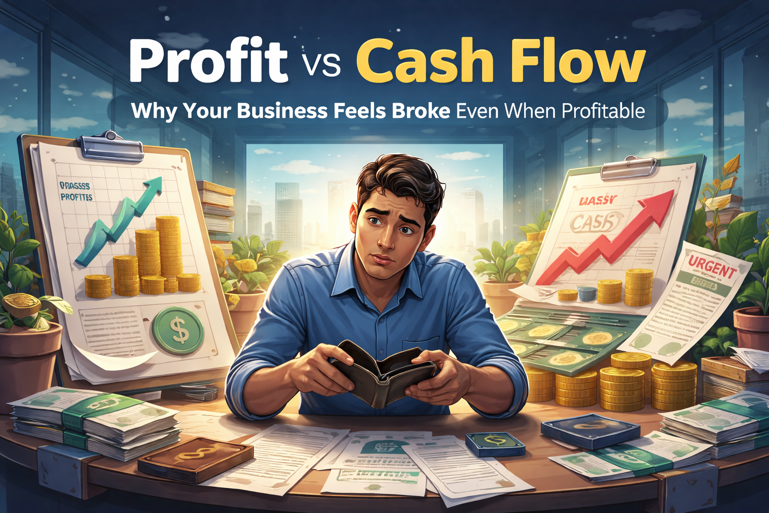 profit vs cash flow for SMEs showing stressed business owner with empty wallet despite growing profits