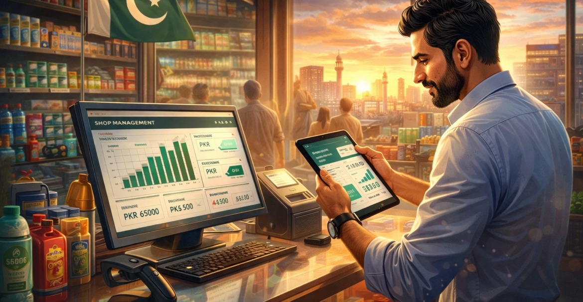 shop management software Pakistan retail business owner using digital system to track sales and inventory