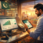 shop management software Pakistan retail business owner using digital system to track sales and inventory