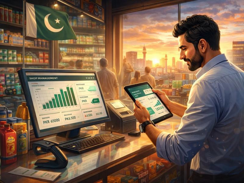 shop management software Pakistan retail business owner using digital system to track sales and inventory