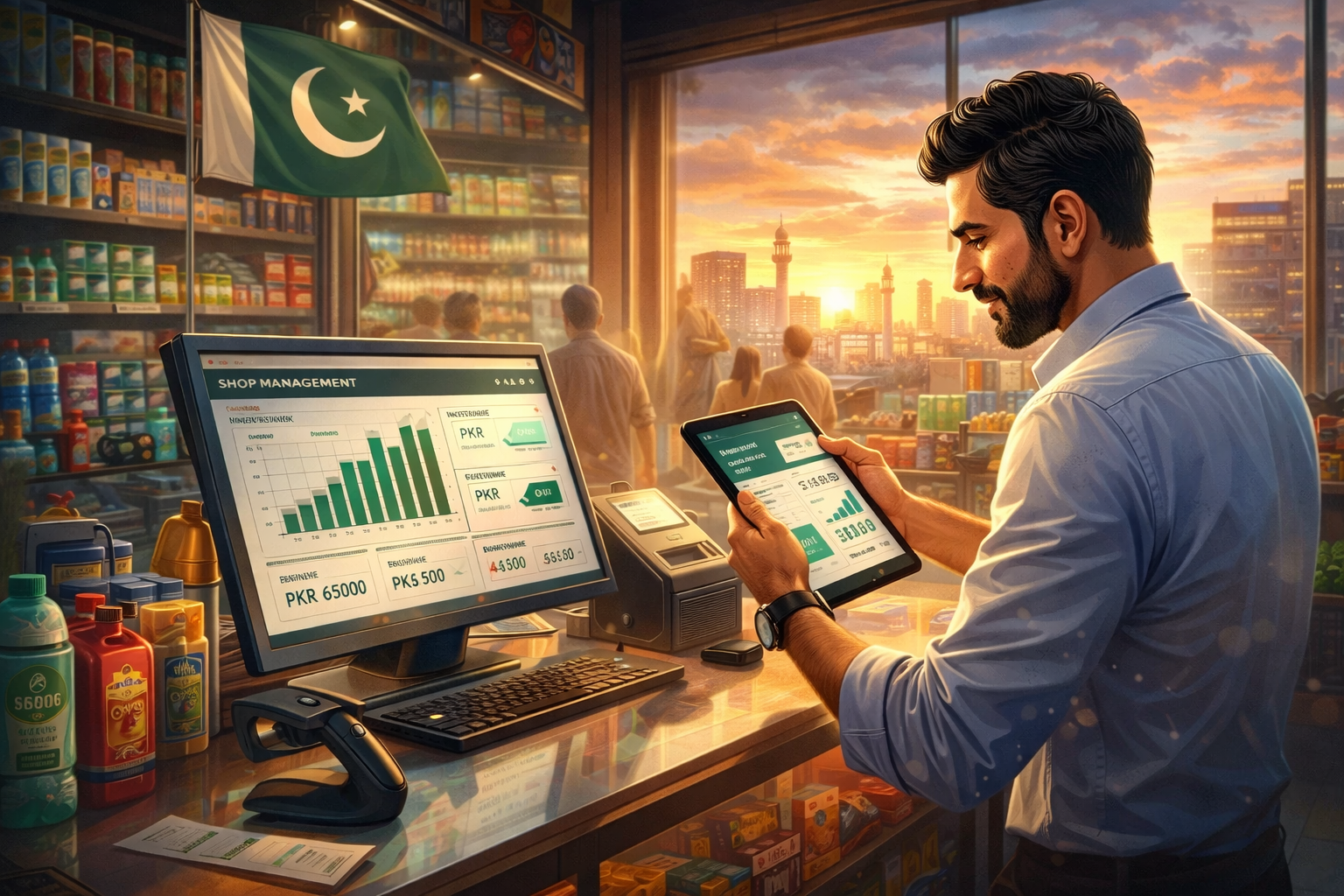 shop management software Pakistan retail business owner using digital system to track sales and inventory