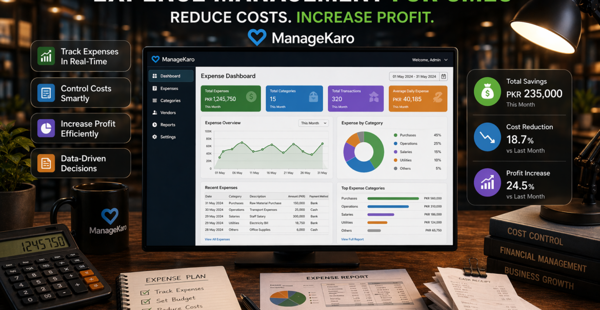 Expense management dashboard for SMEs showing cost tracking, expense categories, and profit improvement using ManageKaro software