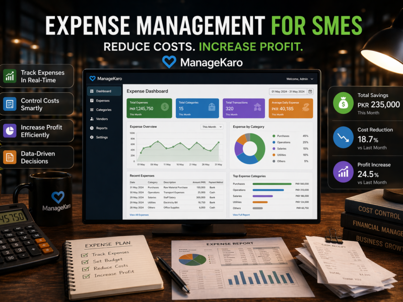 Expense management dashboard for SMEs showing cost tracking, expense categories, and profit improvement using ManageKaro software