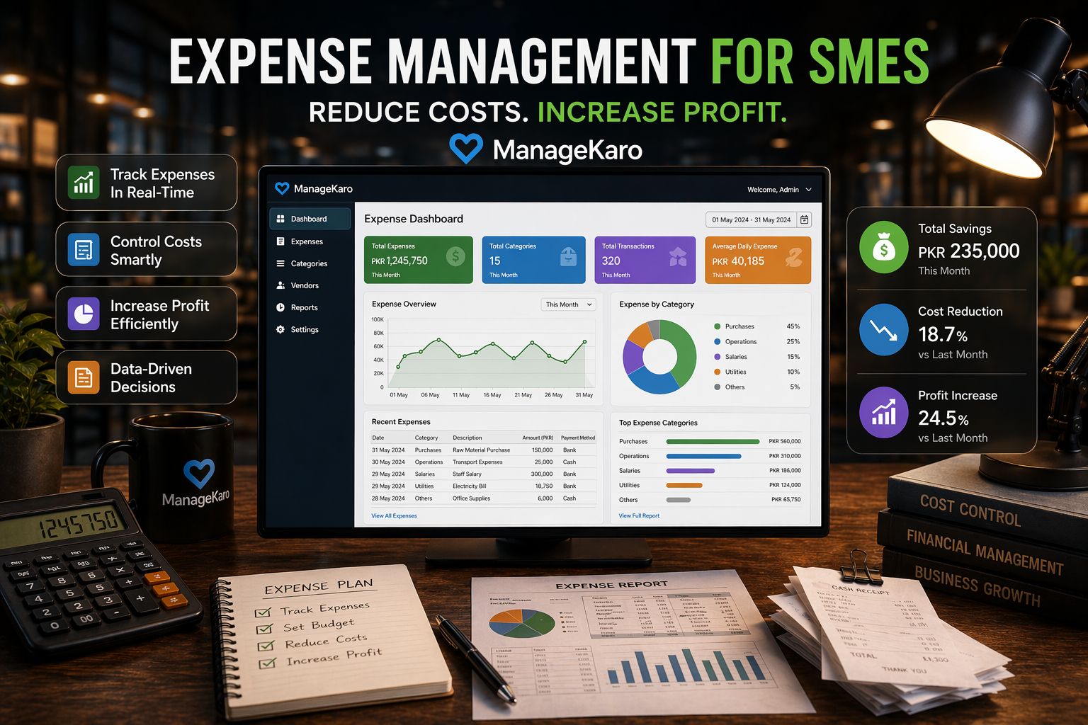 Expense management dashboard for SMEs showing cost tracking, expense categories, and profit improvement using ManageKaro software