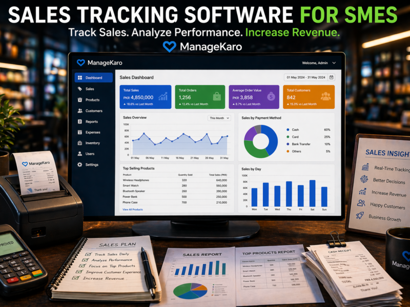 Sales tracking dashboard showing revenue, product performance, and sales analytics using ManageKaro software