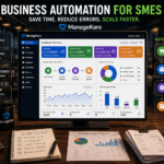 Business automation dashboard for SMEs showing automated sales, inventory updates, and real-time reports using ManageKaro software