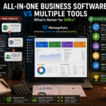 All-in-one business software vs multiple tools comparison showing ManageKaro dashboard with integrated billing, inventory, and reporting