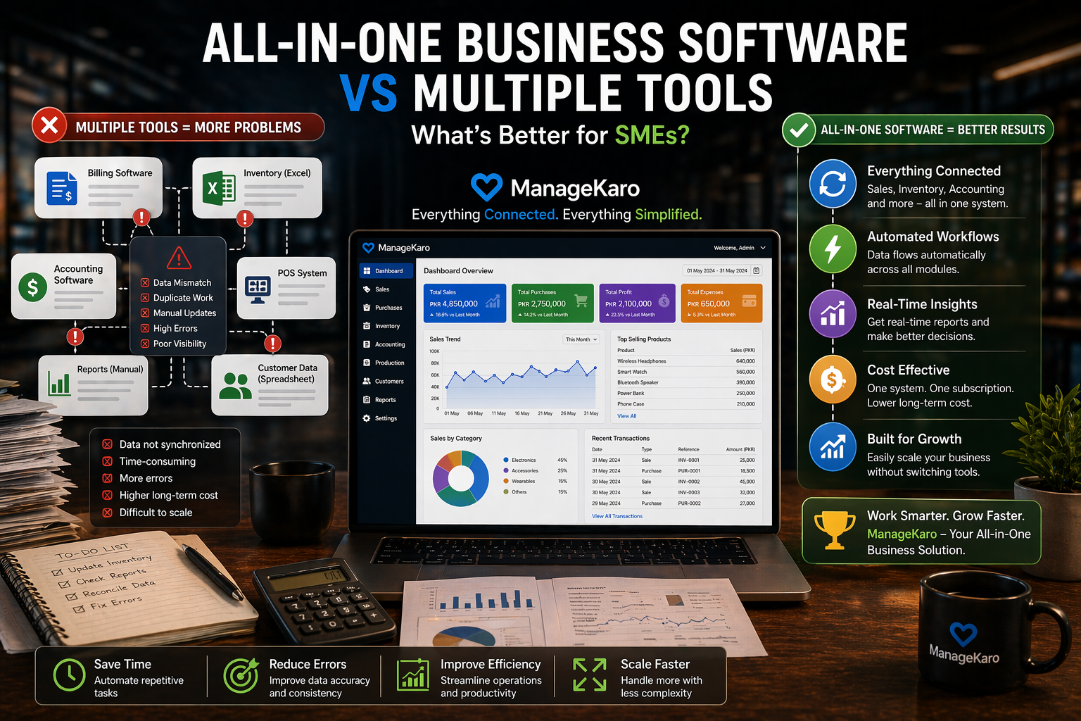 All-in-one business software vs multiple tools comparison showing ManageKaro dashboard with integrated billing, inventory, and reporting