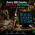 Manual billing vs POS software comparison showing slow billing errors and profit loss versus fast digital checkout system