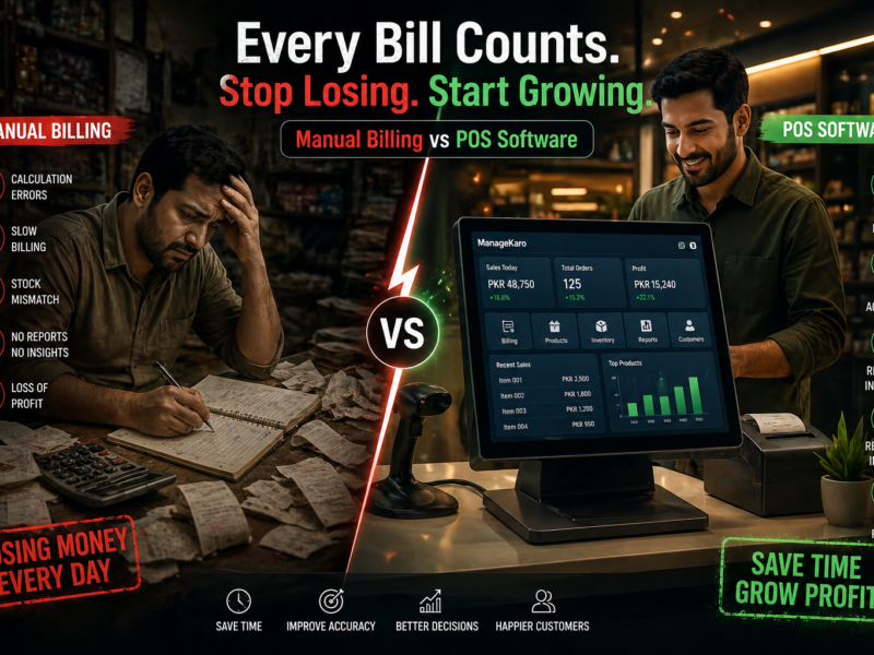 Manual billing vs POS software comparison showing slow billing errors and profit loss versus fast digital checkout system