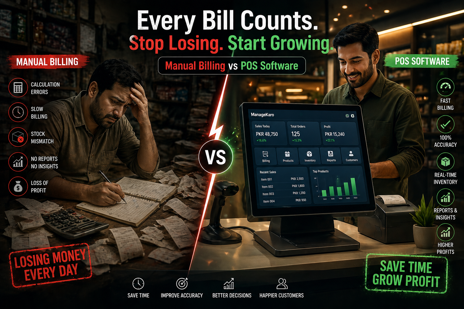 Manual billing vs POS software comparison showing slow billing errors and profit loss versus fast digital checkout system