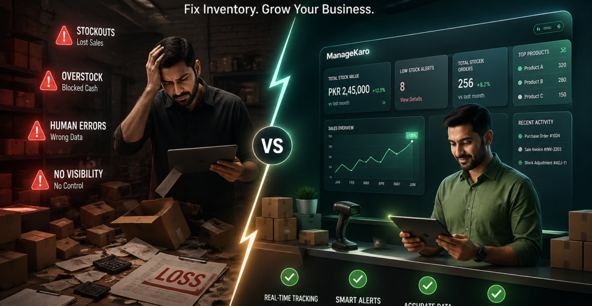 Cinematic comparison of inventory chaos vs digital inventory tracking system showing business loss and profit control