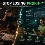 Cinematic comparison of inventory chaos vs digital inventory tracking system showing business loss and profit control