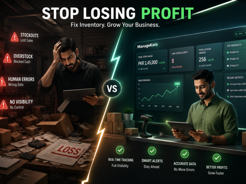 Cinematic comparison of inventory chaos vs digital inventory tracking system showing business loss and profit control
