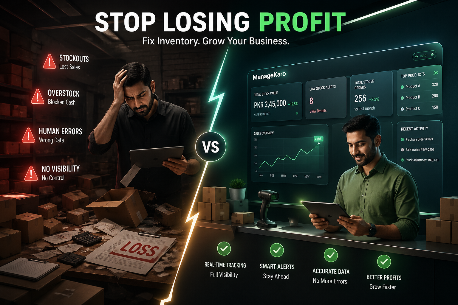 Cinematic comparison of inventory chaos vs digital inventory tracking system showing business loss and profit control