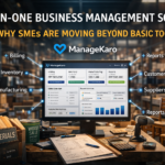 All-in-one business management software dashboard showing billing, inventory, manufacturing and reports in ManageKaro warehouse environment
