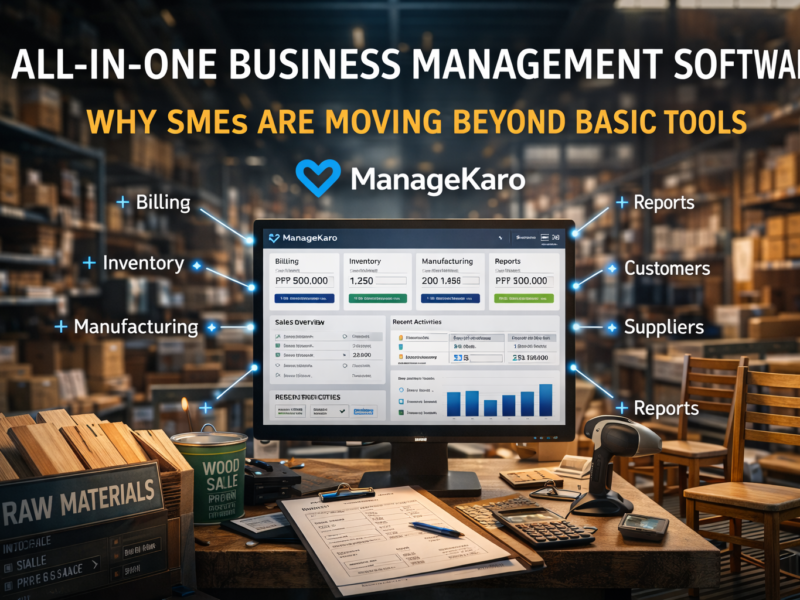All-in-one business management software dashboard showing billing, inventory, manufacturing and reports in ManageKaro warehouse environment