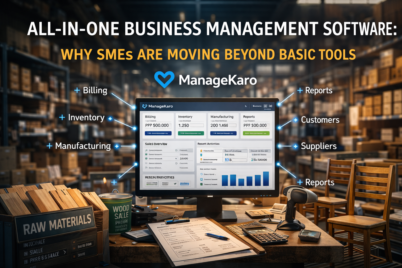 All-in-one business management software dashboard showing billing, inventory, manufacturing and reports in ManageKaro warehouse environment