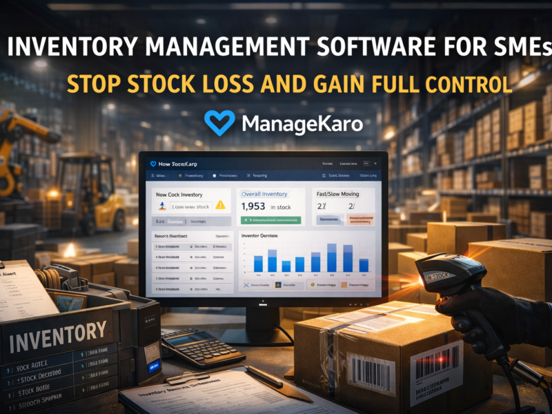Inventory management software dashboard tracking warehouse stock and products using ManageKaro