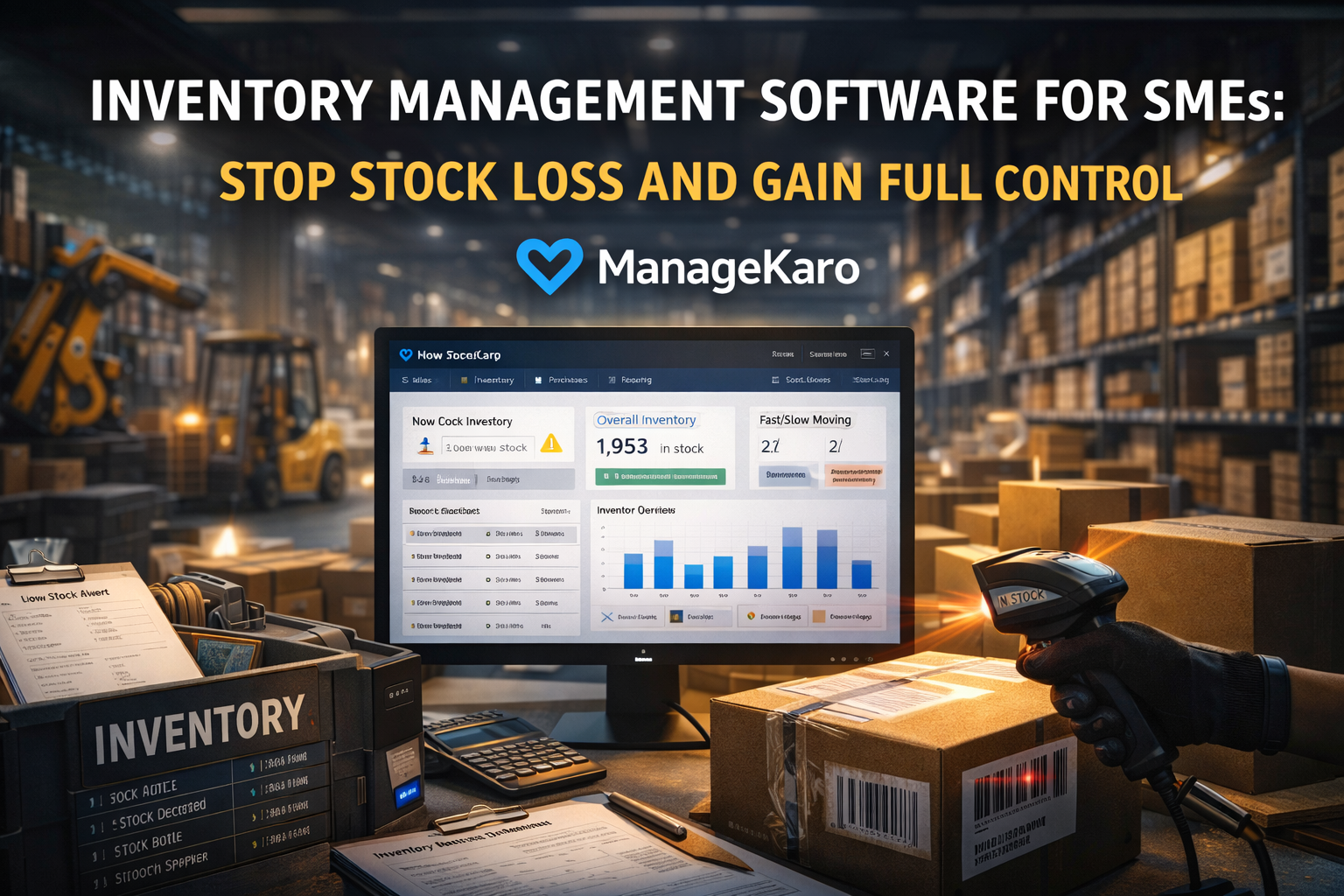 Inventory management software dashboard tracking warehouse stock and products using ManageKaro