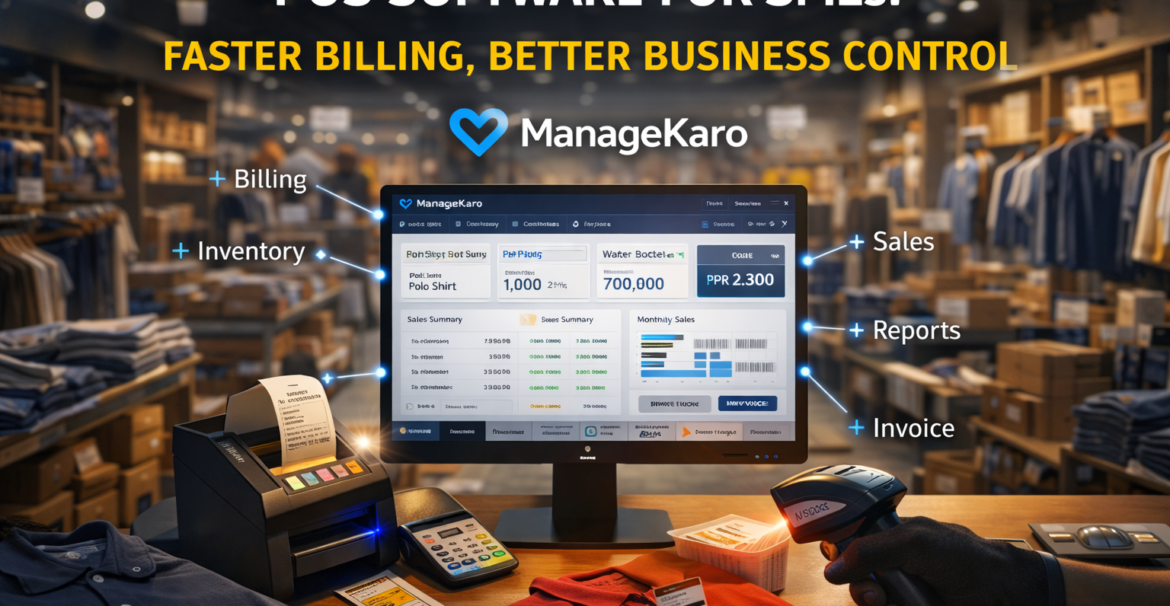 POS software checkout counter with barcode scanner and ManageKaro dashboard for SME retail billing and inventory management