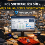 POS software checkout counter with barcode scanner and ManageKaro dashboard for SME retail billing and inventory management