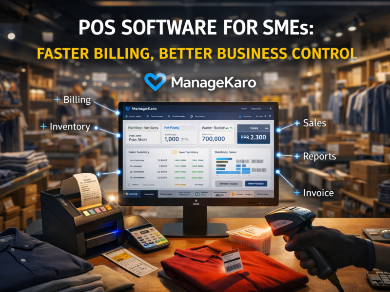 POS software checkout counter with barcode scanner and ManageKaro dashboard for SME retail billing and inventory management
