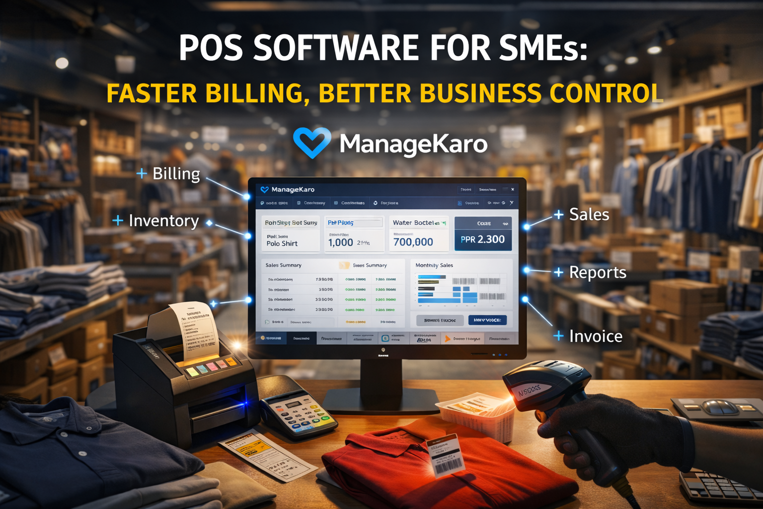 POS software checkout counter with barcode scanner and ManageKaro dashboard for SME retail billing and inventory management