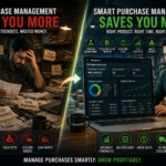 Purchase management for businesses comparison showing supplier chaos and inventory problems versus smart procurement dashboard