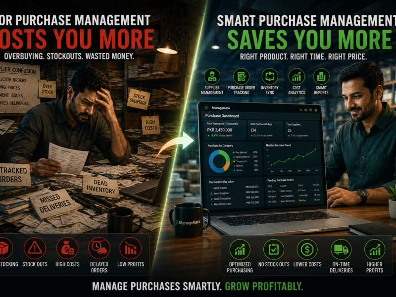 Purchase management for businesses comparison showing supplier chaos and inventory problems versus smart procurement dashboard