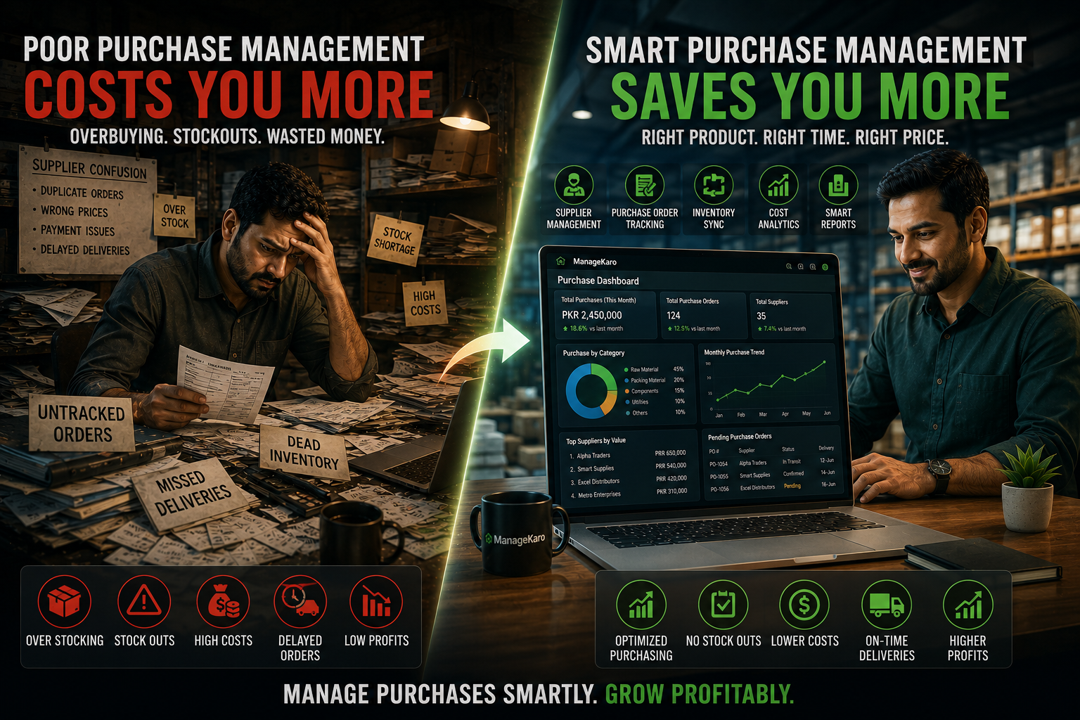 Purchase management for businesses comparison showing supplier chaos and inventory problems versus smart procurement dashboard
