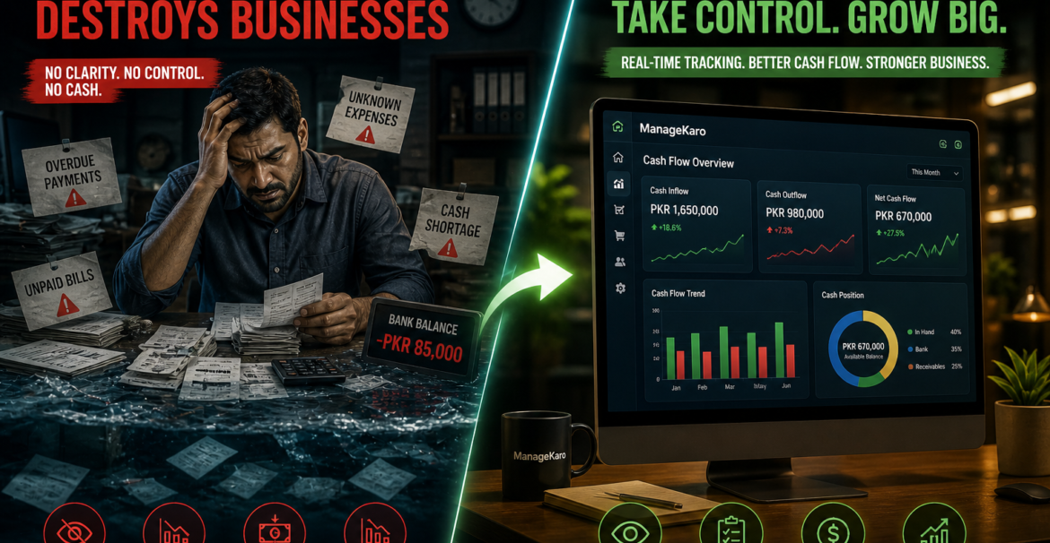 Poor cash flow tracking vs digital cash flow management dashboard showing business loss and financial control improvement