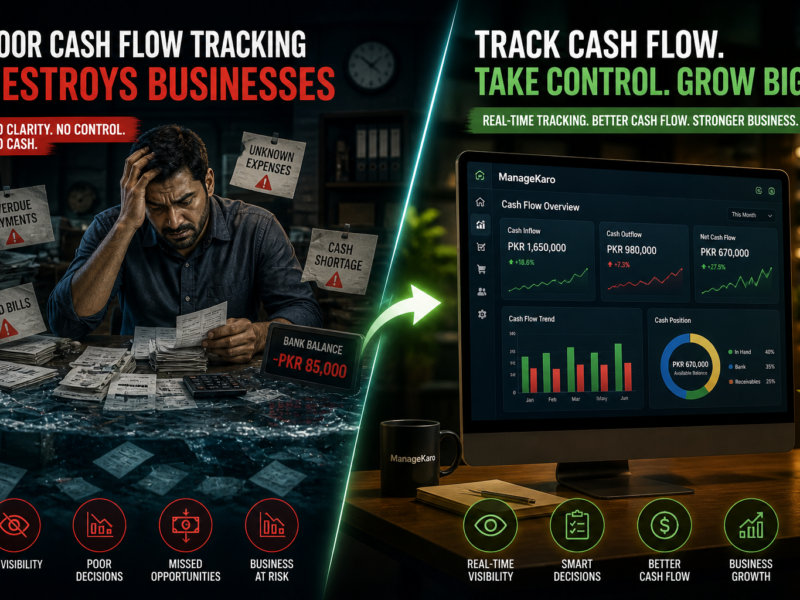 Poor cash flow tracking vs digital cash flow management dashboard showing business loss and financial control improvement