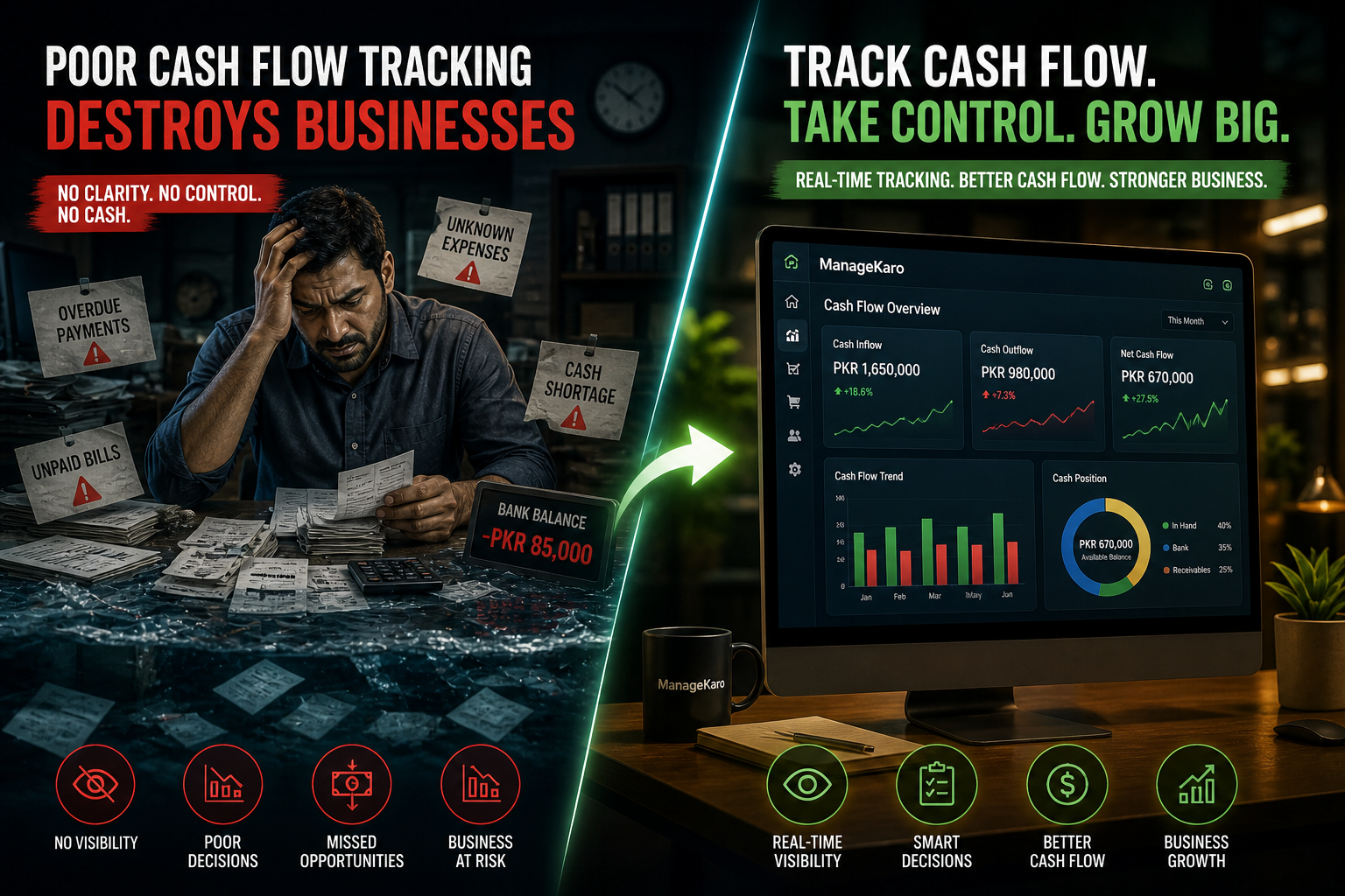 Poor cash flow tracking vs digital cash flow management dashboard showing business loss and financial control improvement