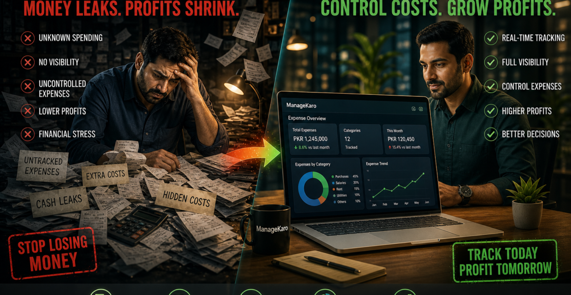Expense tracking problems vs digital expense management system showing money leaks and improved profit control