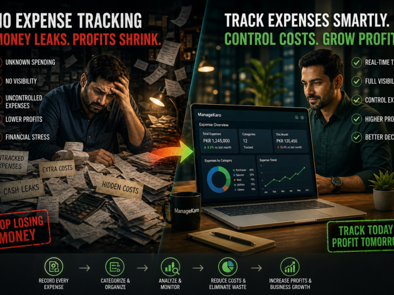 Expense tracking problems vs digital expense management system showing money leaks and improved profit control