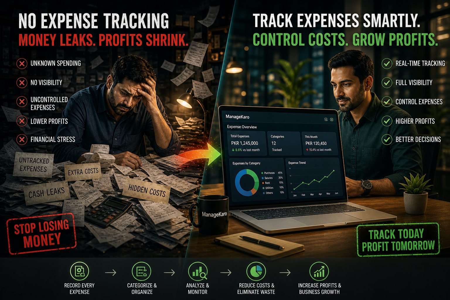 Expense tracking problems vs digital expense management system showing money leaks and improved profit control
