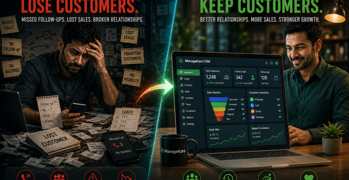 CRM software for businesses comparison showing lost customers from poor follow-ups versus organized customer management dashboard