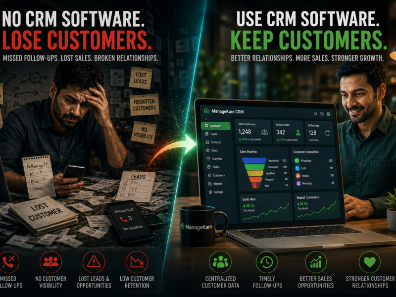 CRM software for businesses comparison showing lost customers from poor follow-ups versus organized customer management dashboard